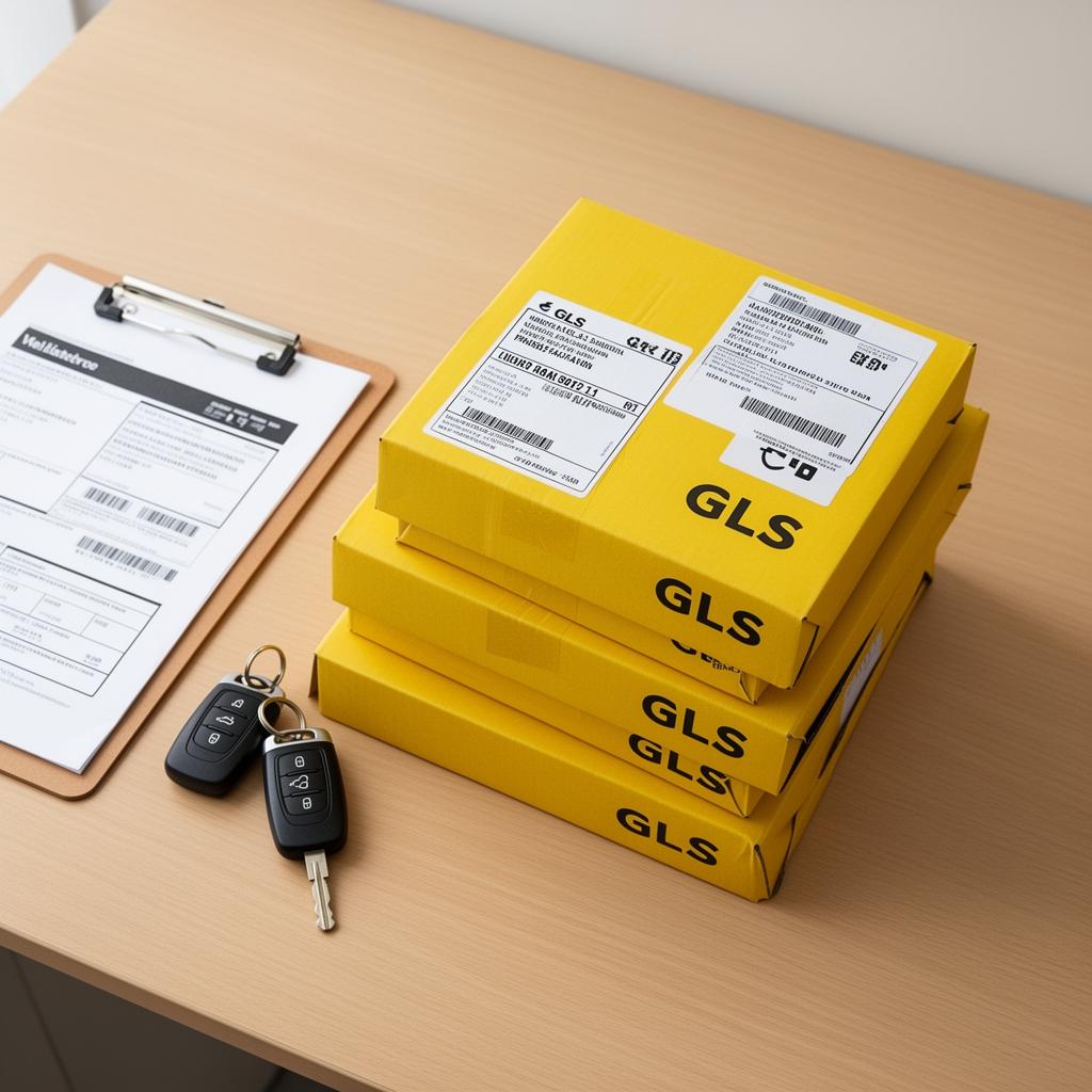 Žluté GLS balíky s autodíly připravené k odeslání